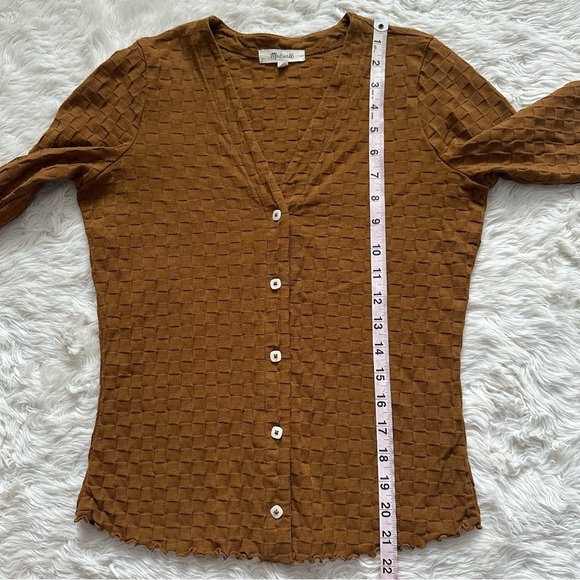 Madewell Top V-Neck Cardigan in Checkerboard Jacquard Button Front Sepia XS - Picture 11 of 12